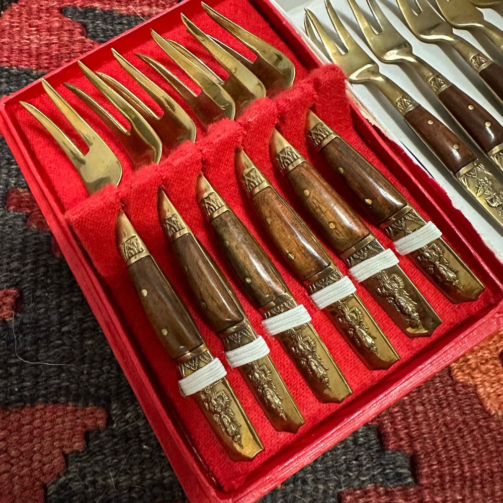 VINTAGE Siam Rosewood and Brass Cocktail Forks - Set of 12